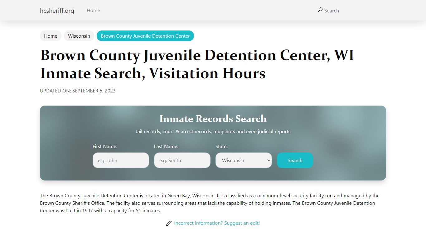 Brown County Juvenile Detention Center, WI Inmate Search, Visitation Hours